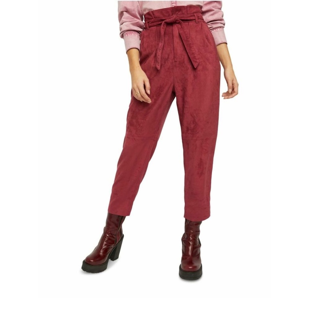 New! Free People Womens Burgundy Paperbag Waist Cropped Pants Size 14